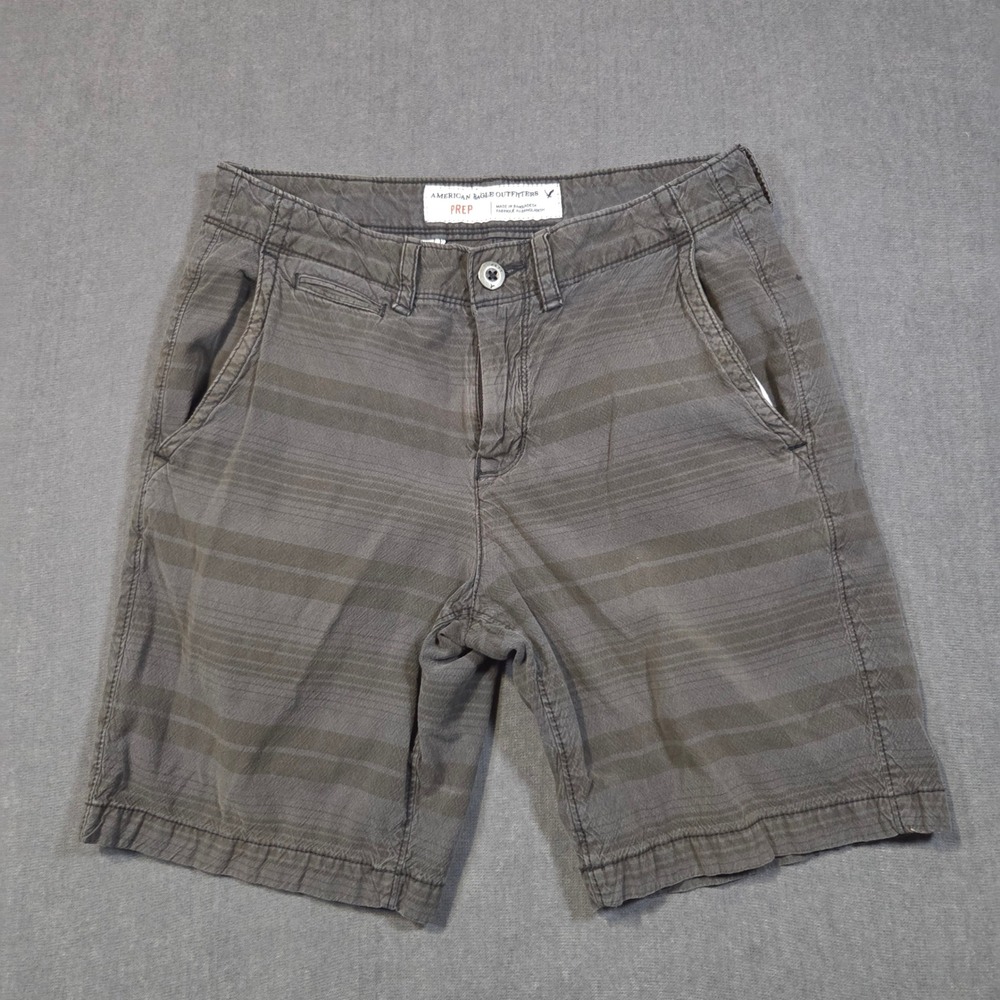 American Eagle Prep Shorts Mens 30 Grey Striped Cotton Chino Flat Front Casual